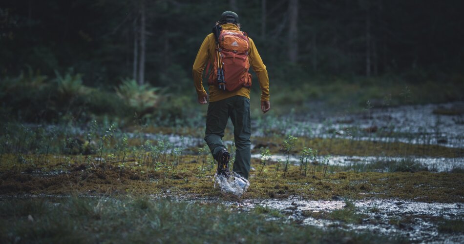 A man walks through a mossy swamp surrounded by forest.  | © Tiroler Zugspitz Arena/ C. Jorda 