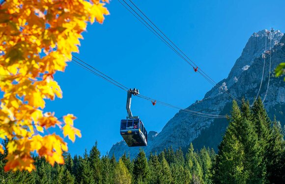 Die blaue Gondel der Tiroler Zugspitzbahn in Fahrt, vor herbstlich gefärbten Bäumen und der imposanten Zugspitze | © Albin Niederstrasser