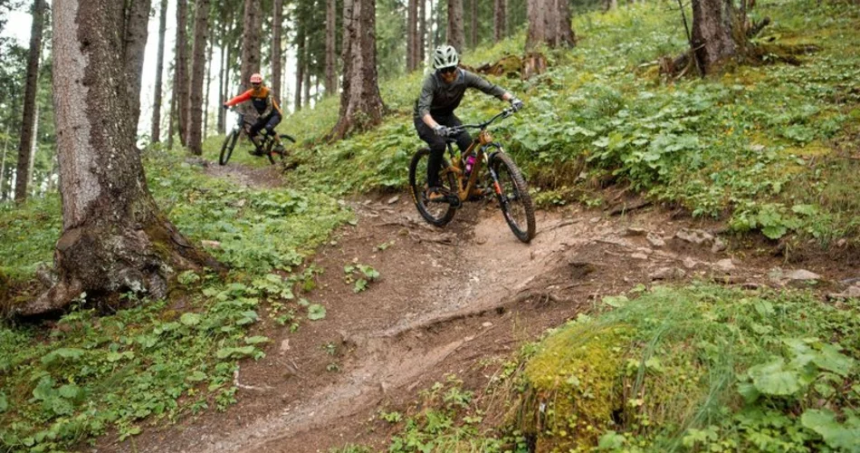 Zwei Biker auf einem kurvigen Trail im Wald | © Tiroler Zugspitz Arena/BiancaMcCarty