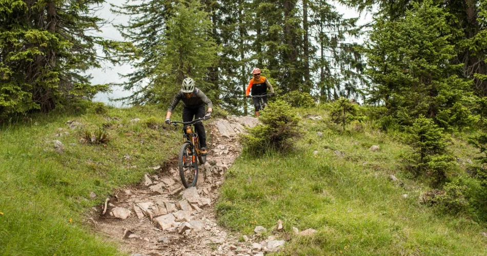 Zwei Biker auf einem Trail im Wald | © Tiroler Zugspitz Arena/BiancaMcCarty