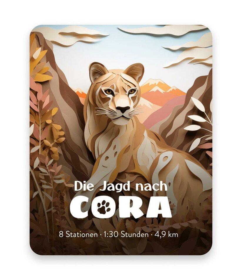 A lion, the symbol of the digital adventure trail, the hunt for Cora