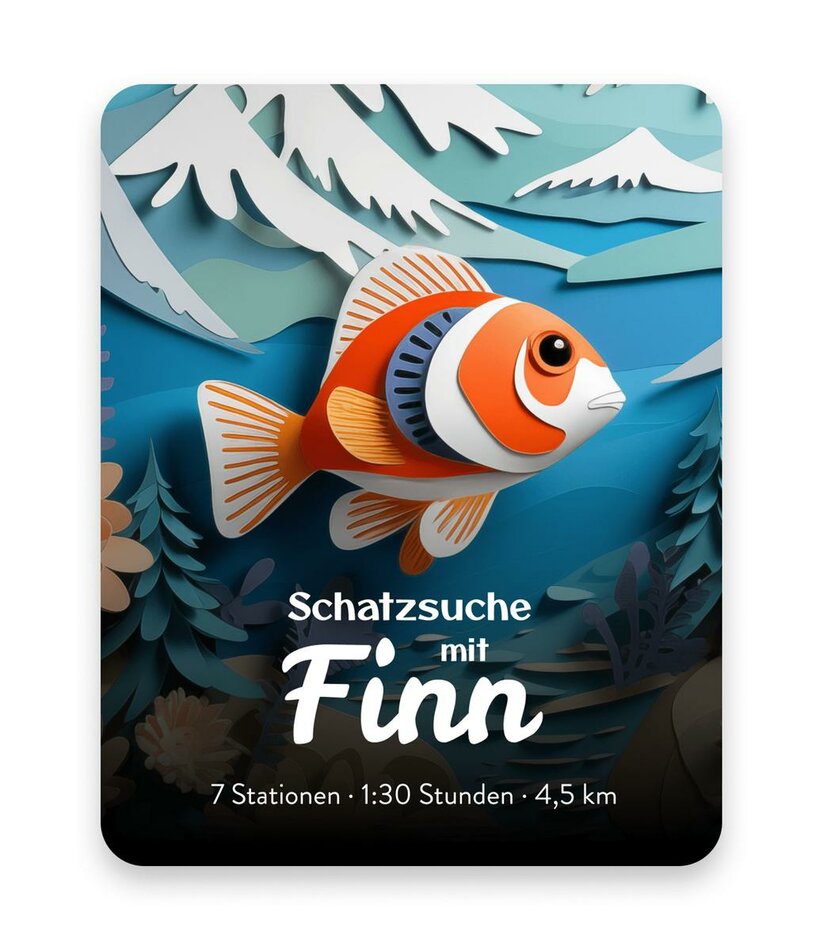 Ein orange weißer Fisch, das Symbol des Erlebniswegs Schatzsuche mit Finn