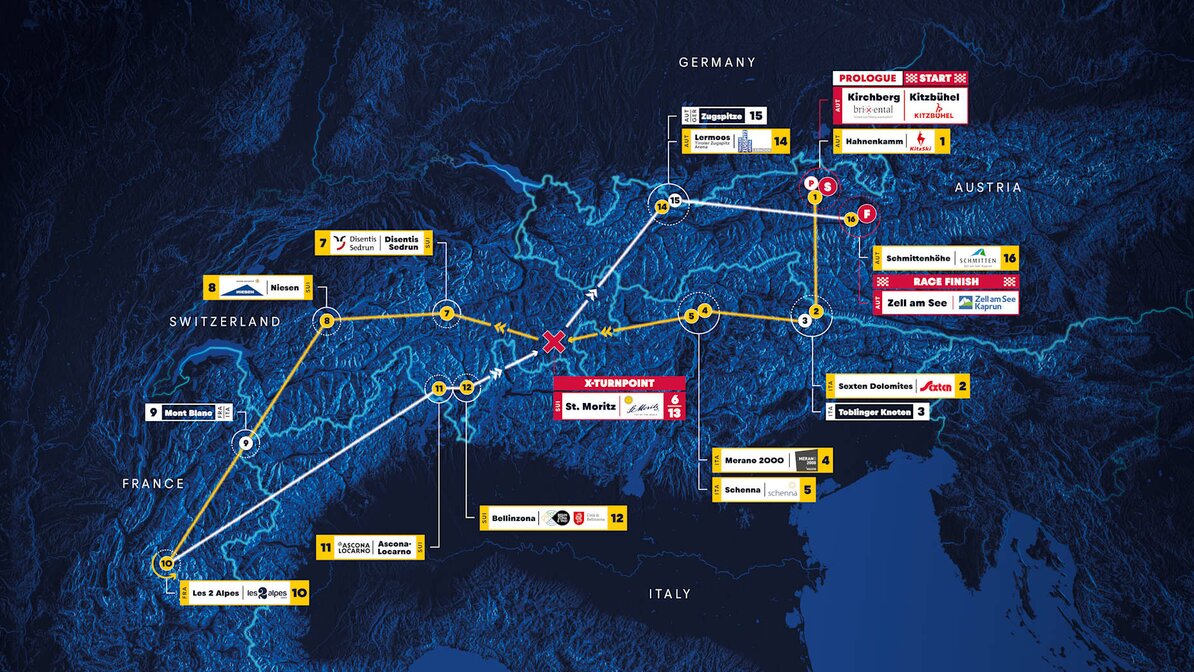Die grobe Route: Kitzbühel, St.Moritz, Les 2 Alpes, Disentis/ Sedrun, Tiroler Zugspitz Arena, Zell am See/ Kaprun | © Red-Bull X-Alps