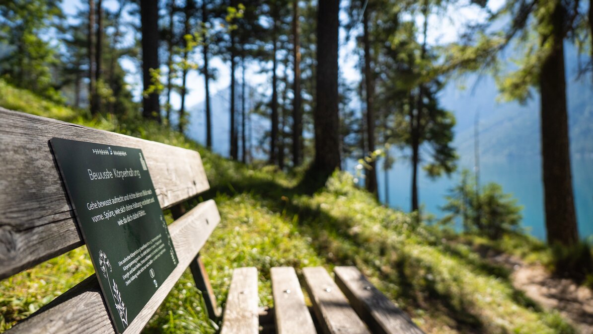A sign with an interactive activity on a bench by Lake Heiterwanger  | © Tiroler Zugspitz Arena/Nikola Radovic