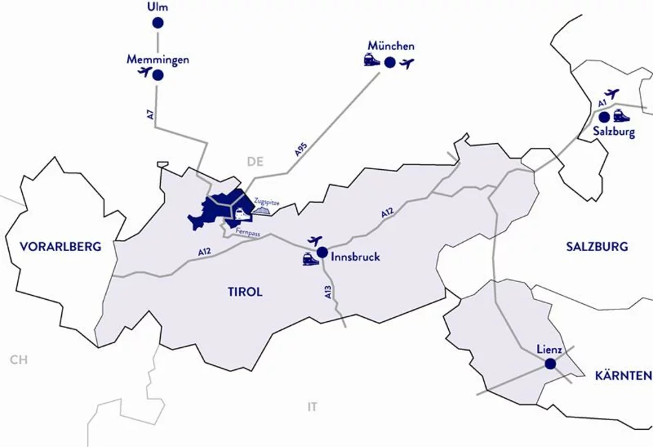 A map showing the location of the Tiroler Zugspitz Arena. The Tiroler Zugspitz Arena is located very close to the German border. There are two routes for toll-free travel via Germany: the A7 (Ulm - Füssen) and the A95 (Munich - Garmisch-Partenkirchen). The regional train runs from Innsbruck via Garmisch-Partenkirchen and Reutte to Pfronten. There are airports in Memmingen (GER), Munich (GER) and Innsbruck (AUT).