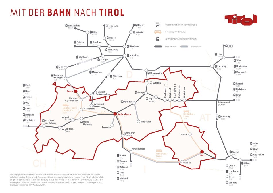 Eine Übersichtskarte für die Anreise mit der Bahn nach Tirol | © Tirol Werbung