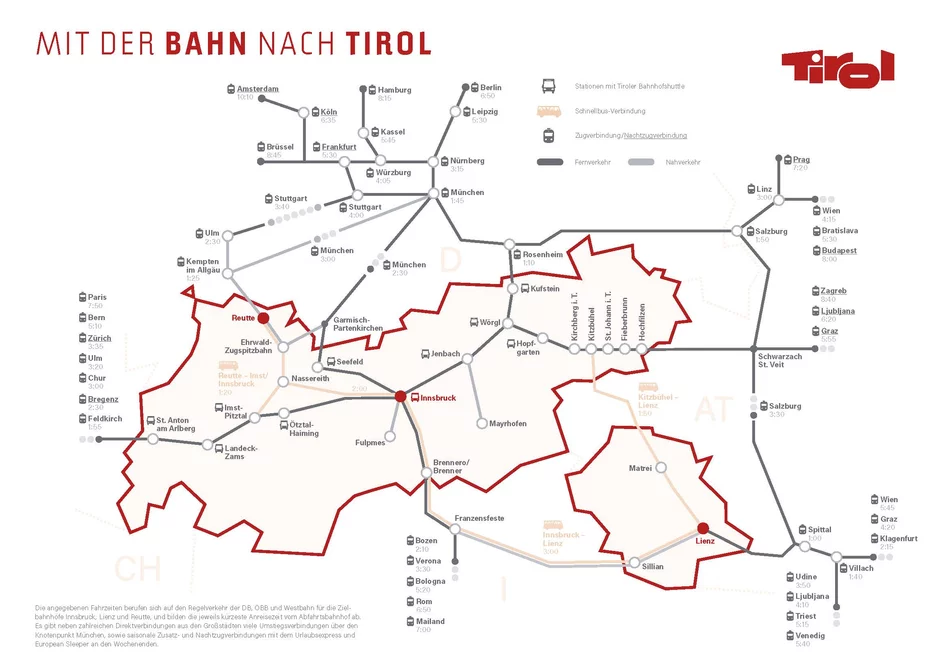 A map showing the location of the Tiroler Zugspitz Arena and the region's train connections. The Tiroler Zugspitz Arena is located very close to the German border. The Tiroler Zugspitz Arena can be reached by train from Germany via Reutte and Kempten im Allgäu. This route can be reached by train from Stuttgart. The region can also be reached by train from Germany via Garmisch-Partenkirchen. Garmisch-Partenkirchen is connected to Munich and Innsbruck by train. Munich and Stuttgart can be reached by train from northern Germany, the Netherlands and Belgium. Munich can also be reached by train from other parts of Austria, the Czech Republic, Slovakia and Hungary. Innsbruck can also be reached by train from other parts of Austria (including the neighboring state of Vorarlberg), Italy, Switzerland and France. 