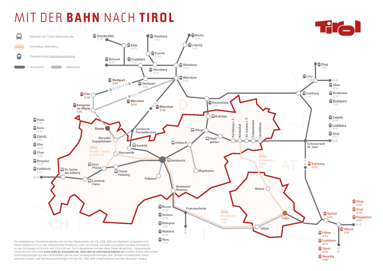 Eine Karte auf der die Lage der Tiroler Zugspitz Arena sowie die Zugverbindungen der Region dargestellt sind. Die Tiroler Zugspitz Arena befindet sich ganz in der Nähe zur deutschen Grenze. Mit der Bahn ist die Tiroler Zugspitz Arena von Deutschland aus über Reutte und Kempten im Allgäu erreichbar. Diese Strecke ist per Bahn von Stuttgart aus erreichbar. Zudem kann man die Region von Deutschland aus mit dem Zug über Garmisch-Partenkirchen erreichen. Garmisch-Partenkirchen ist per Zug mit München und Innsbruck verbunden. München sowie Stuttgart sind per Zug von Norddeutschland, den Niederlanden und Belgien erreichbar. München kann zudem von anderen Landesteilen Österreichs, von Tschechien, der Slowakei und Ungarn per Zug erreicht werden. Innsbruck kann auch von anderen Teilen Österreichs (auch dem Nachbar-Bundesland Vorarlberg), von Italien, der Schweiz und Frankreich aus erreicht werden.