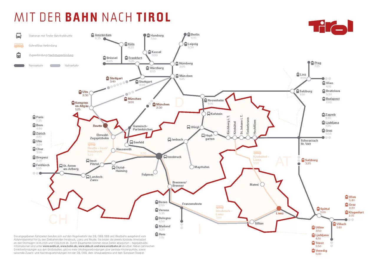 A map showing the location of the Tiroler Zugspitz Arena and the region's train connections. The Tiroler Zugspitz Arena is located very close to the German border. The Tiroler Zugspitz Arena can be reached by train from Germany via Reutte and Kempten im Allgäu. This route can be reached by train from Stuttgart. The region can also be reached by train from Germany via Garmisch-Partenkirchen. Garmisch-Partenkirchen is connected to Munich and Innsbruck by train. Munich and Stuttgart can be reached by train from northern Germany, the Netherlands and Belgium. Munich can also be reached by train from other parts of Austria, the Czech Republic, Slovakia and Hungary. Innsbruck can also be reached by train from other parts of Austria (including the neighboring state of Vorarlberg), Italy, Switzerland and France.