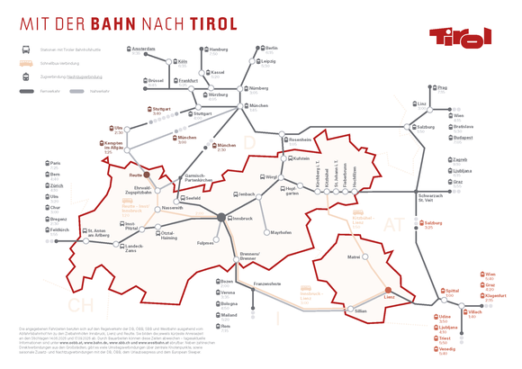 An map with an overview for travelling to Tyrol by train | © Tirol Werbung