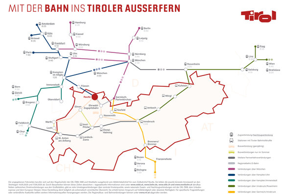 Eine Karte auf der die Lage der Tiroler Zugspitz Arena sowie die Zugverbindungen der Region dargestellt sind. Die Tiroler Zugspitz Arena befindet sich ganz in der Nähe zur deutschen Grenze. Mit der Bahn ist die Tiroler Zugspitz Arena von Deutschland aus über Reutte und Kempten im Allgäu erreichbar. Diese Strecke ist per Bahn von Stuttgart aus erreichbar. Zudem kann man die Region von Deutschland aus mit dem Zug über Garmisch-Partenkirchen erreichen. Garmisch-Partenkirchen ist per Zug mit München und Innsbruck verbunden. München sowie Stuttgart sind per Zug von Norddeutschland, den Niederlanden und Belgien erreichbar. München kann zudem von anderen Landesteilen Österreichs, von Tschechien, der Slowakei und Ungarn per Zug erreicht werden. Innsbruck kann auch von anderen Teilen Österreichs (auch dem Nachbar-Bundesland Vorarlberg), von Italien, der Schweiz und Frankreich aus erreicht werden. | © Tirol Werbung