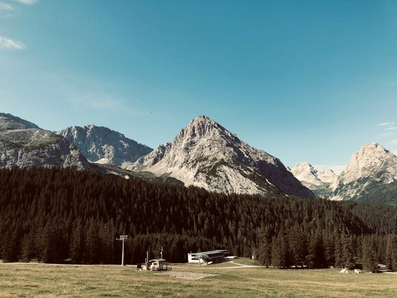Eine Almwiese, im Hintergrund, beeindruckendes Bergpanorama | © Tiroler Zugspitz Arena/ Giovanni Frey