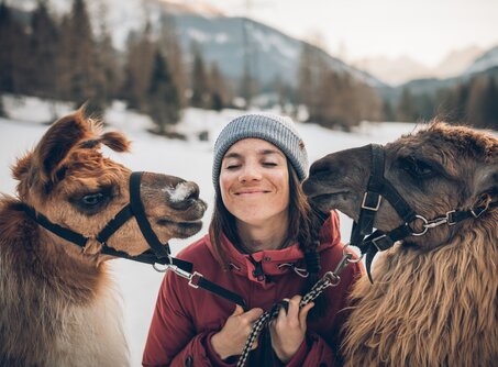 Woman between two llamas in the snow | © Tiroler Zugspitz Arena/C. Jorda