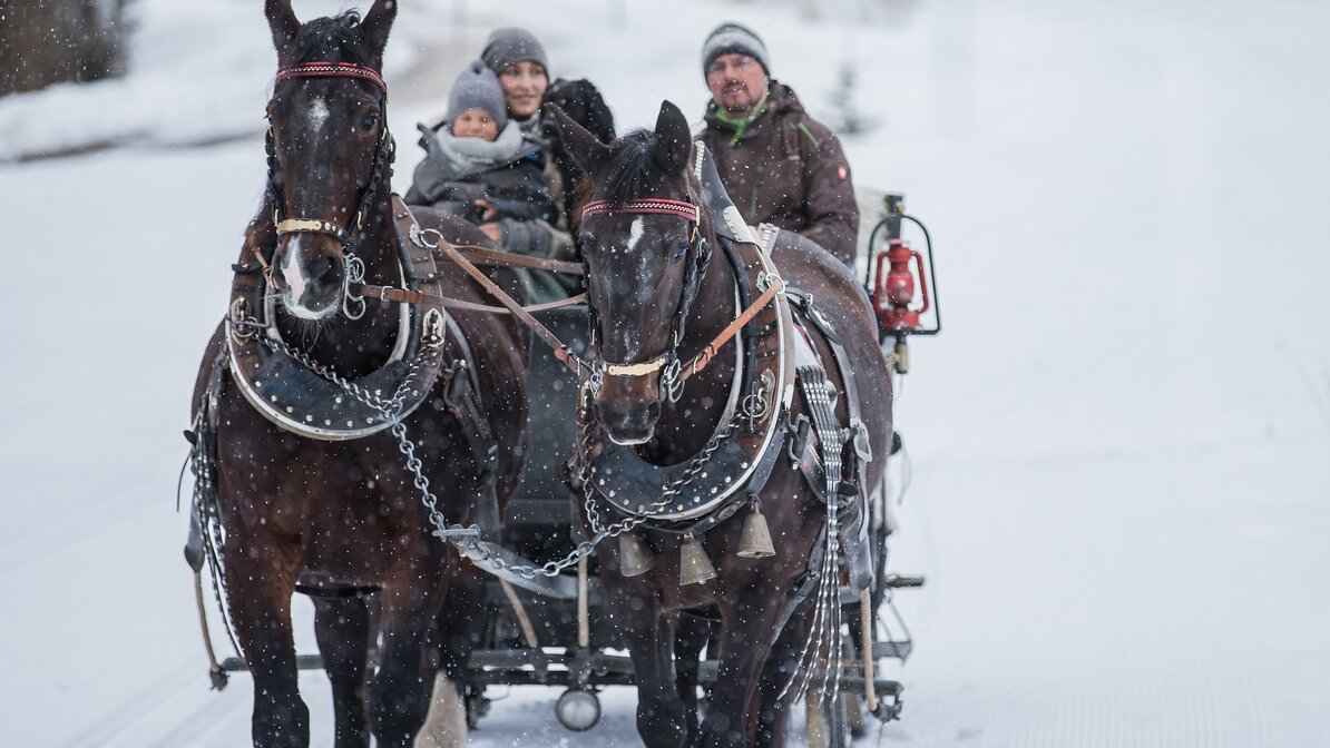 Eine Familie sitzt in einer Pferdekutsche und fährt durch eine verschneite Winterlandschaft | © TZA/ C.Jorda