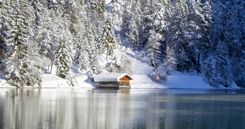The lake, snow-covered forest, and a hut | © Tiroler Zugspitz Arena/Zotz Lea