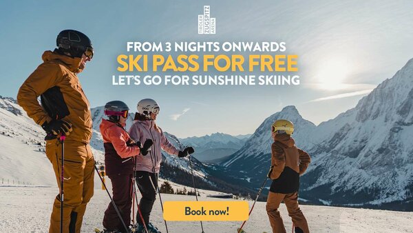 A family on a ski slope, the sun is shining, the inscription: From 3 nights, ski pass for free, let's go for sunshine skiing