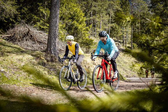 Two gravel bikers on a beautiful forest path.