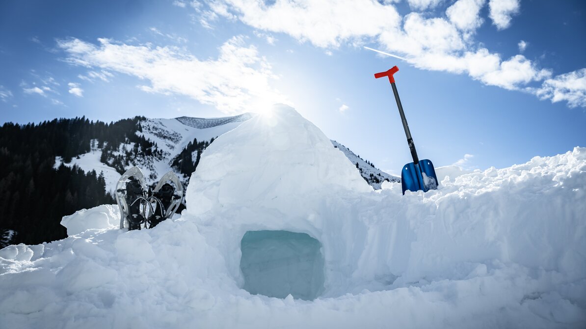 Eine kleine Höhle aus Schnee, daneben steht die Lawinenschaufel mit der sie gegraben wurde. 